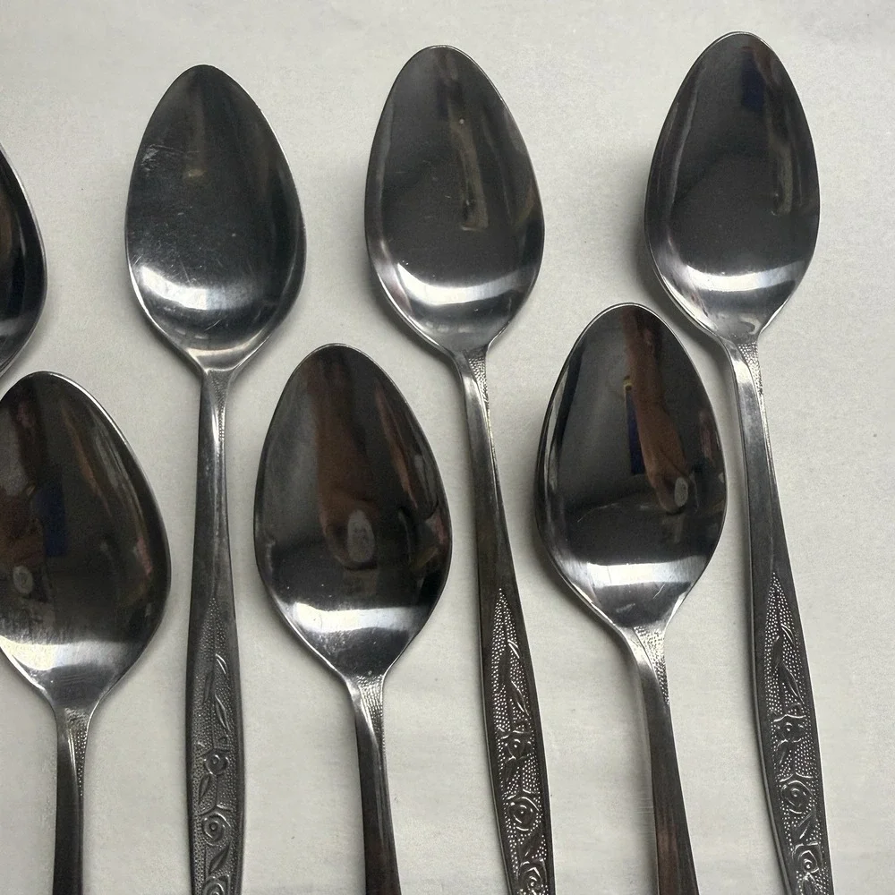 9 Vintage Customcraft CUS1 Soup Table Spoons Roses Stainless Steel Flatware